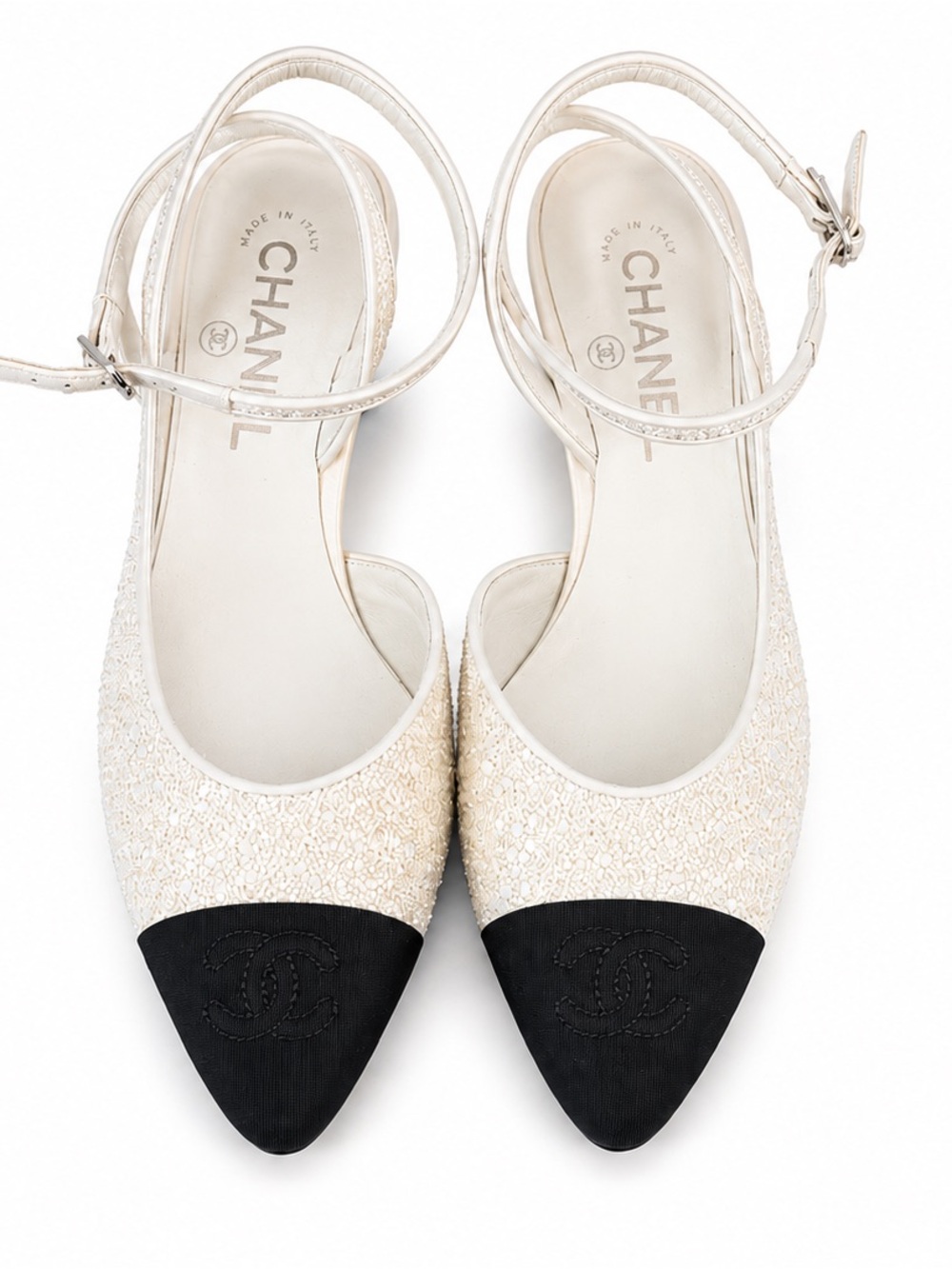 CHANEL Two-Tone Pointed Cap-Toe Ankle-Strap Flats in Ivory and Black